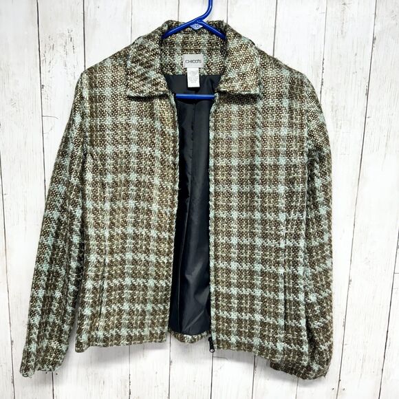 Chicos Jacket Women 0 M/L Brown Full Zip Bomber Plaid Tweed Lined Preppy Shiny - Picture 1 of 3